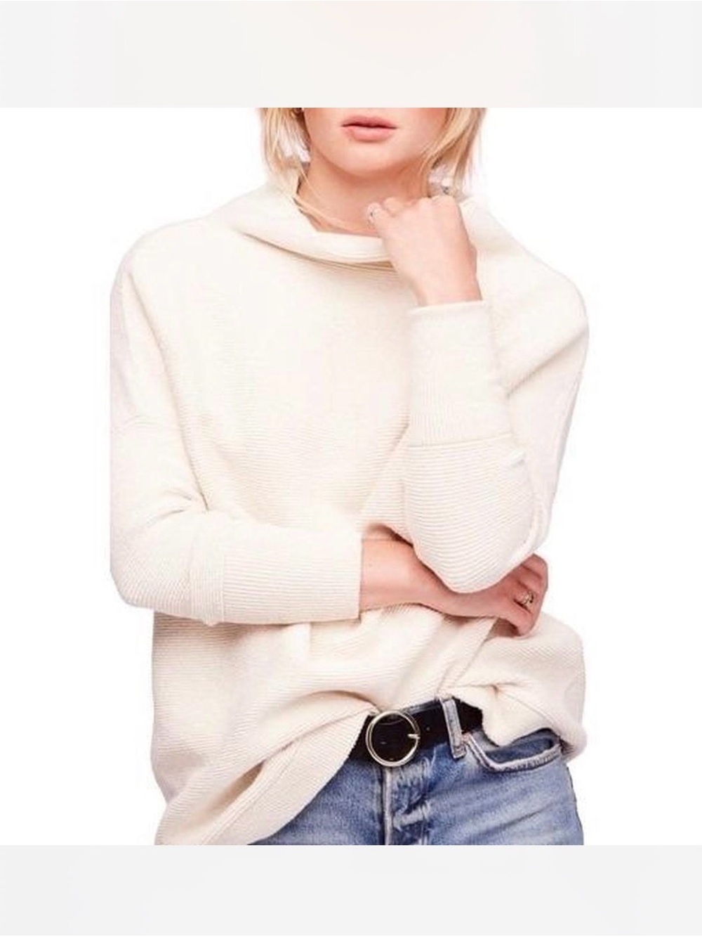 We The Free Cream Ribbed Funnel Neck Sweater